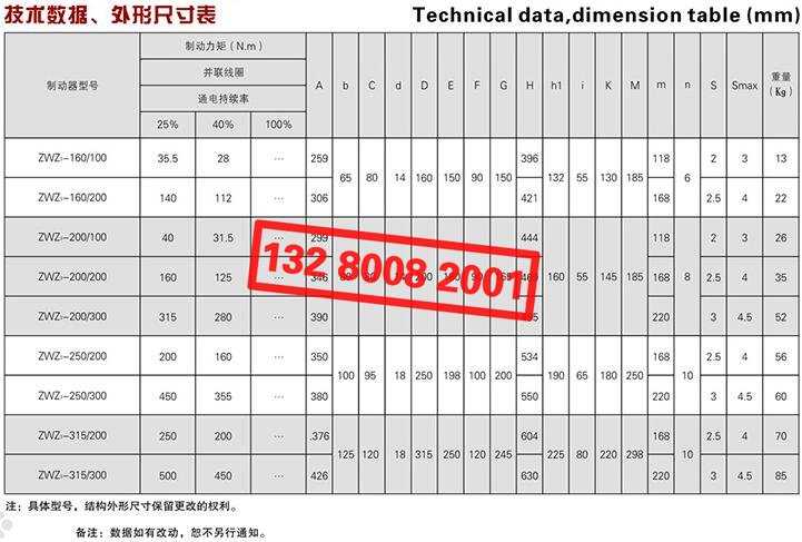 ZWZ3系列直流电磁鼓式制动器技术数据、外形尺寸表