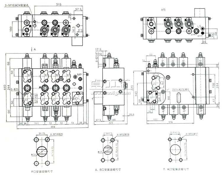LT-M7-1577全负载敏感多路换向阀外形及连接尺寸