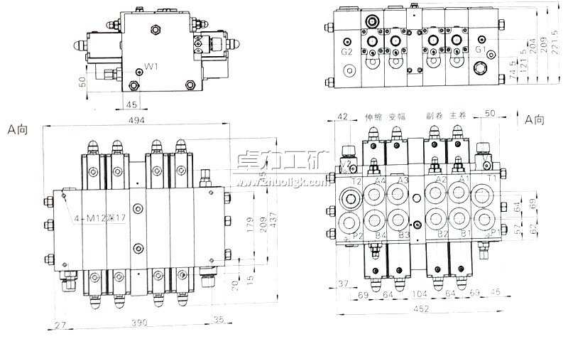 DP32G负载敏感多路换向阀外形及连接尺寸