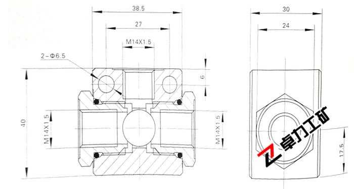 SF-H10L型梭阀外形及连接尺寸